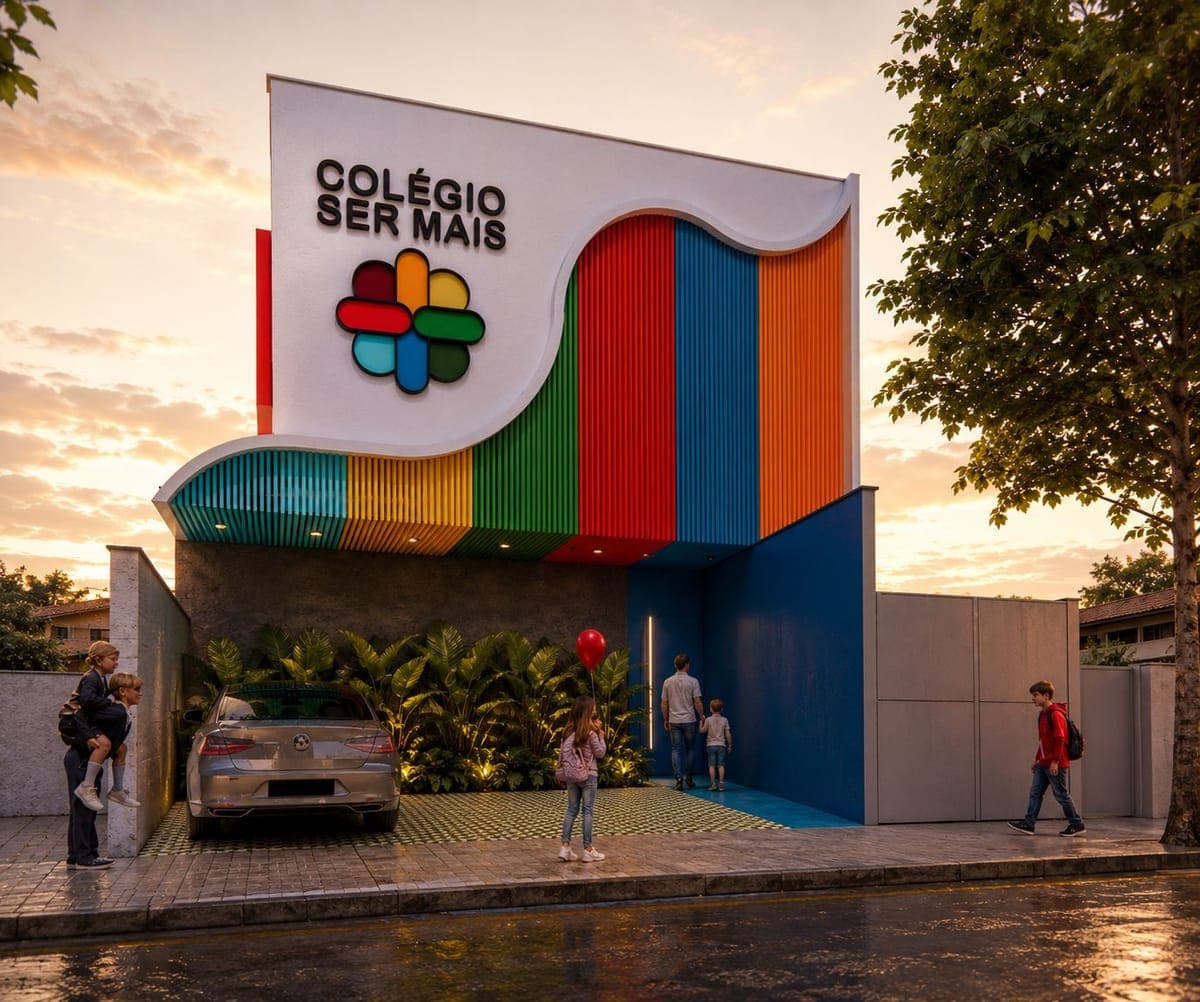 Render da fachada do Colégio Ser Mais, com a placa do colégio e as fitas coloridas